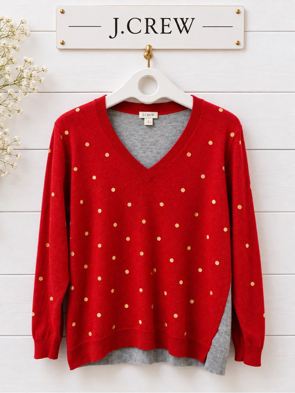 J.CREW Red Gold Polka Dot Sweater Grey Back V-Neck XL